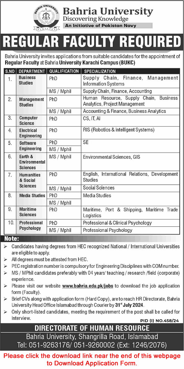 Latest jobs in Bahria University Karachi